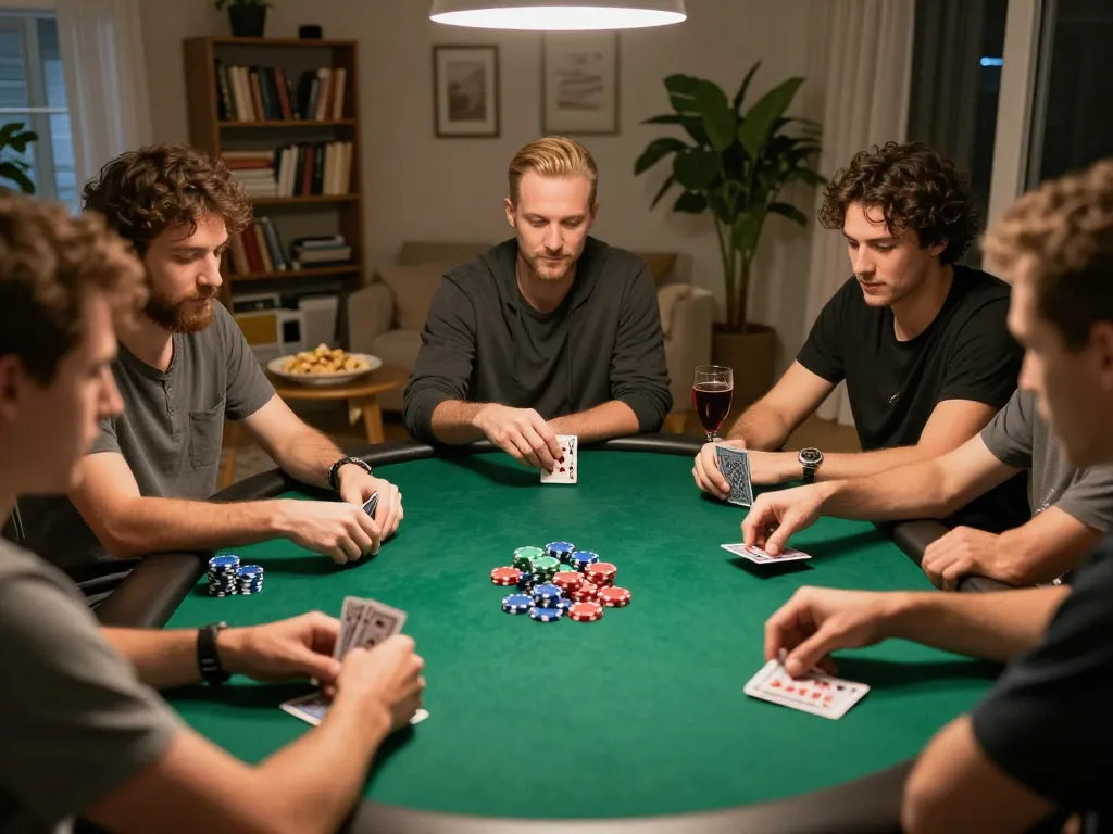 Exciting action at a home poker night showcasing friends engaged in gameplay at uu88 trang chủ.
