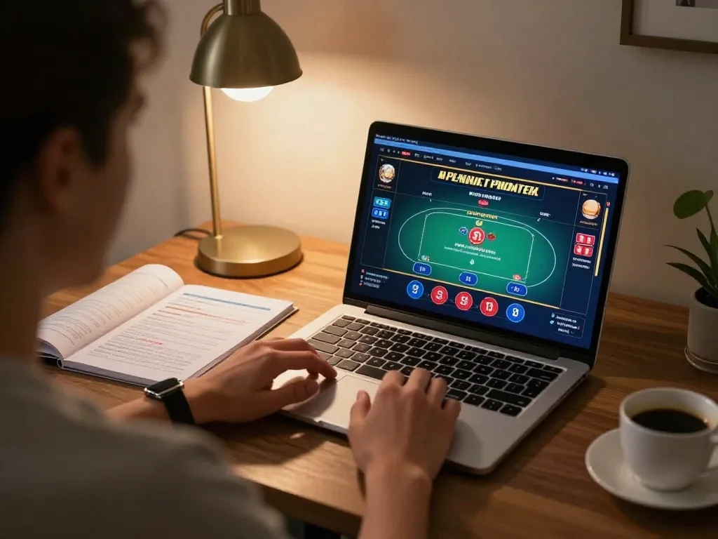 Hbet player strategizing at home with laptop for a winning online poker experience