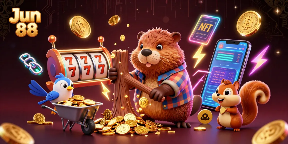 Engage and win big with Jun 88 as a 3D beaver chops a tree raining golden coins in an exciting casino scene.