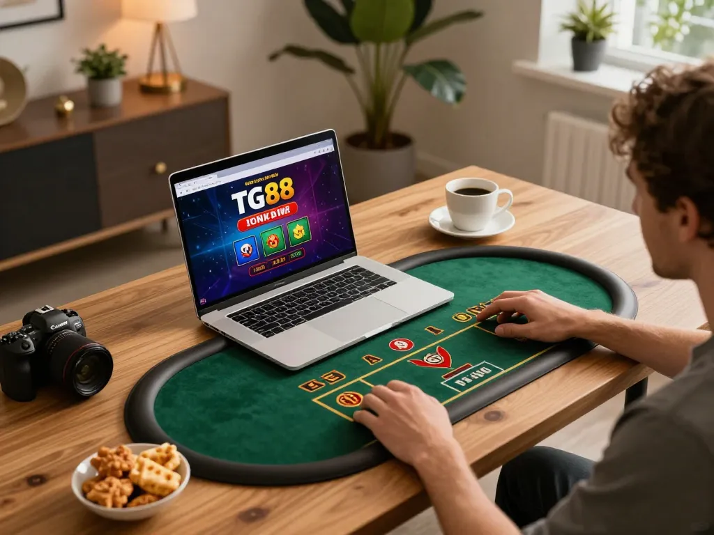 Engaging in online gaming with TG88 gaming setup, laptop displaying casino interface and snacks nearby.