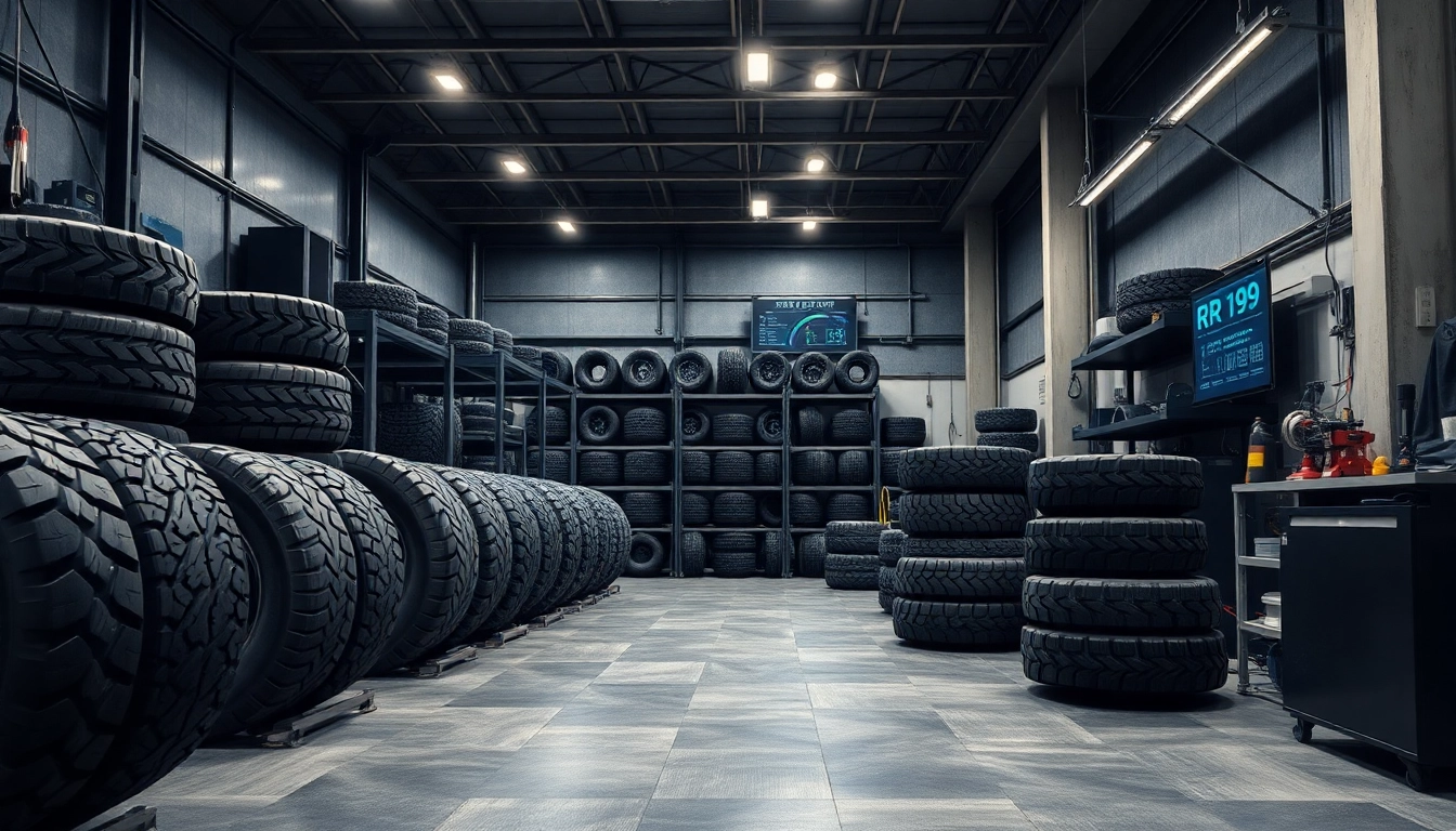 High-quality truck tires including RR99.COM showcased in a professional workshop setting.