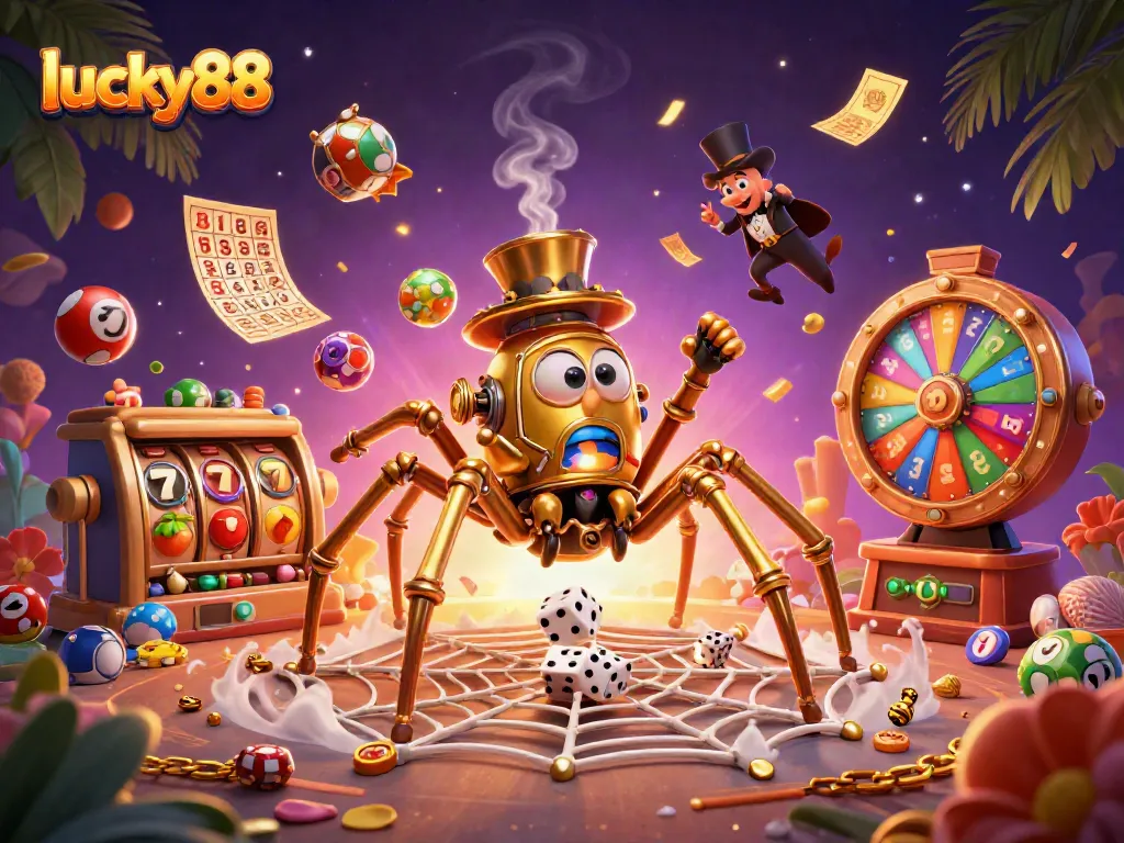 Play thrilling games with lucky88 in a dynamic 3D casino scene featuring unique characters.