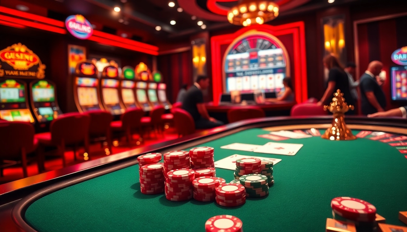 The exciting action of gambling with poker chips and cards at https://lsa.jp.net/ casino, showcasing a vibrant casino scene.