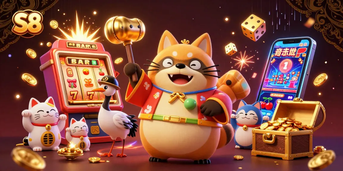 S8 invites players to spin the reels with vibrant luck and fortune symbols in a festive gaming scene.