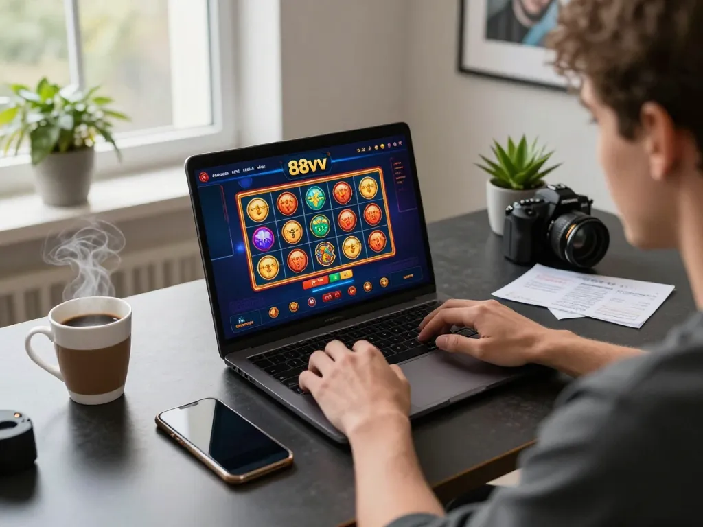 88vv player concentrating on a dynamic online casino game, showcasing a sleek laptop and organized betting notes in a cozy home setup.