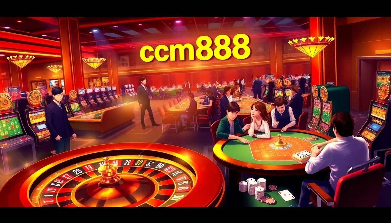 Experience the excitement of cm888 with vibrant casino visuals featuring poker tables and roulette wheels.