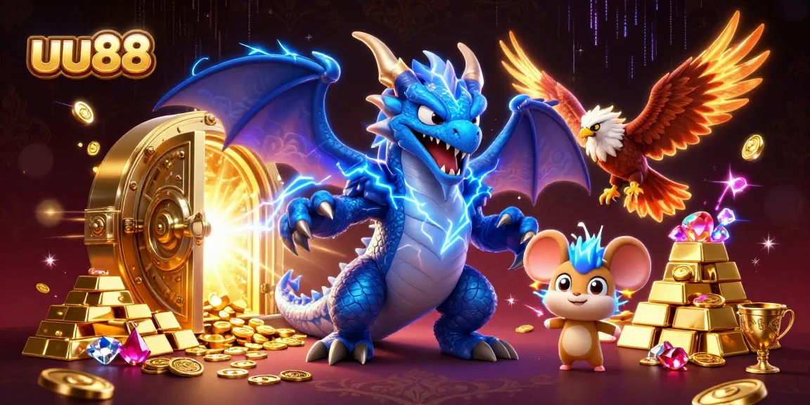 uu88 showcases a thunder dragon and wind hawk guarding a treasure vault in a vibrant casino scene.