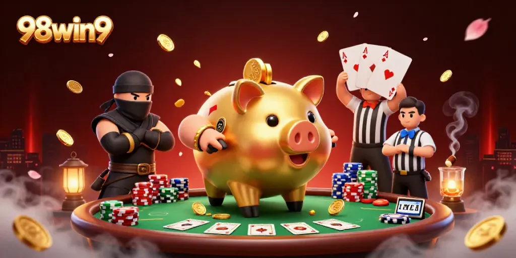 Experience thrilling action with 98win9 as the golden piggy bank sumo wrestler shakes coins amidst a dynamic poker scene.