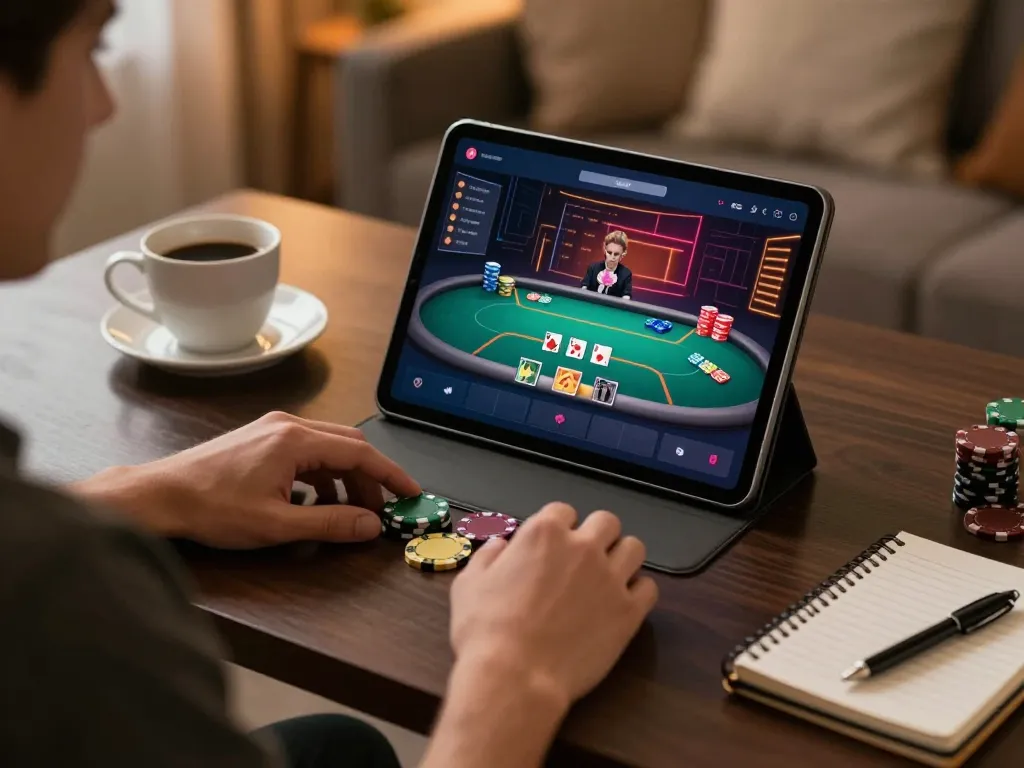 Engaging poker gameplay on tablet at home showcasing EE88 gaming experience.