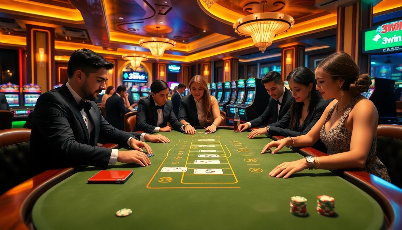 Experience a thrilling blackjack game at the 3win casino, with players excitedly placing bets around a glamorous table.