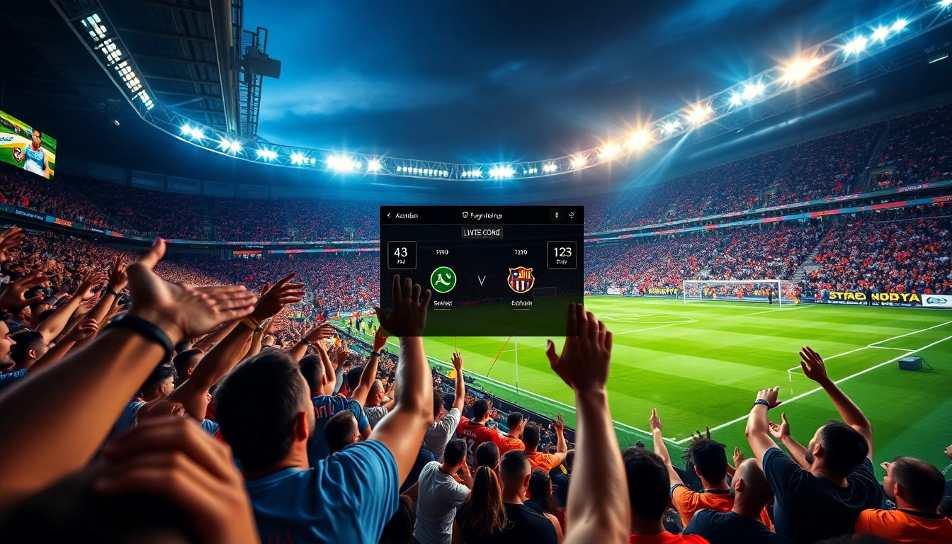 Exciting live soccer streaming scene with fans at joemadfan.com, showcasing scores and cheering crowds.