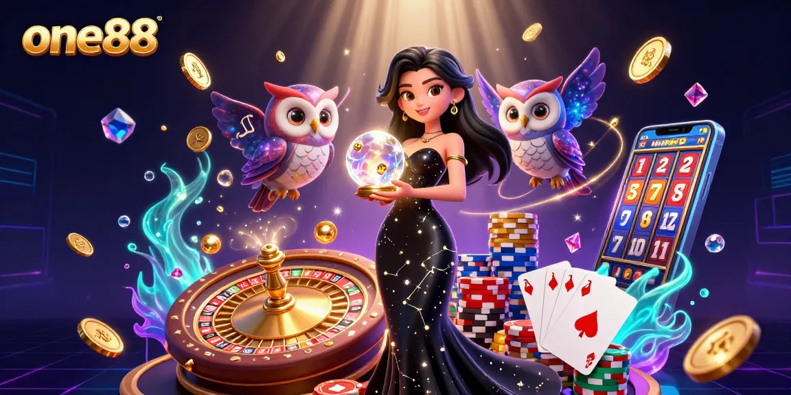 Engage with the one88 casino experience featuring a mystical woman and enchanting owl amidst dynamic game elements.