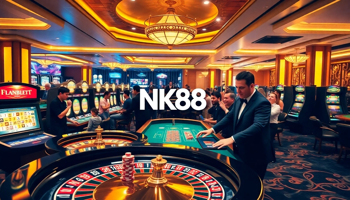 Experience the thrill of gaming at NK88 with a vibrant casino scene featuring roulette and enthusiastic players.