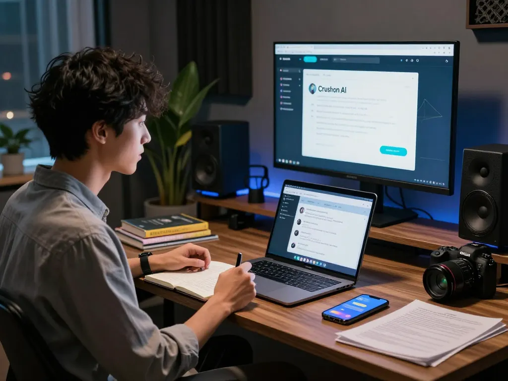 Engaging NSFW AI chat scene with user interacting with advanced adult AI model, laptop and cozy atmosphere.