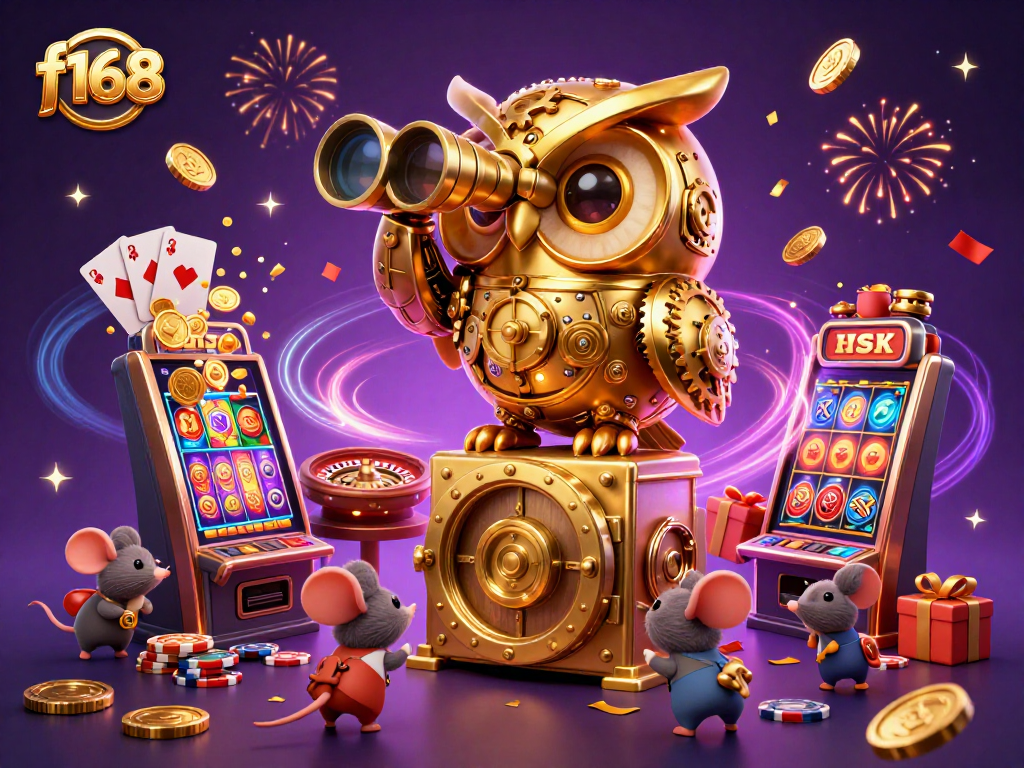 Win big with f168 in a vibrant 3D casino scene displaying an owl, mice, and games.