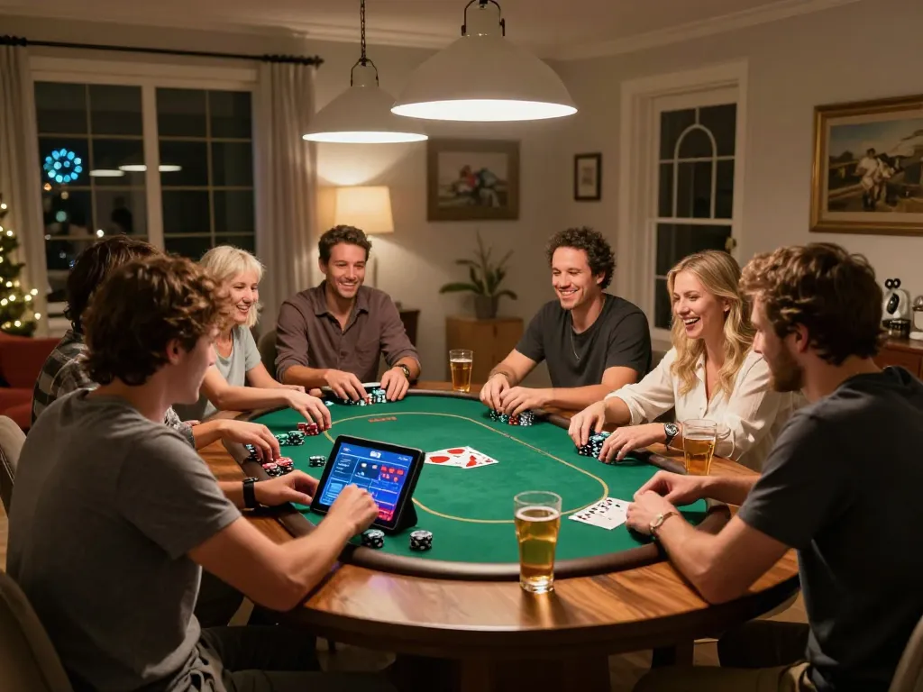 Players engaging in an exciting poker game on a tablet at home, showcasing a vibrant and social atmosphere while exploring 88xx adventures