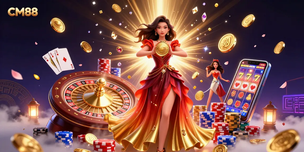 Engaging in thrilling casino experiences at CM88 with a stunning Asian woman showcasing a golden coin, amidst a cascade of coins and gems.