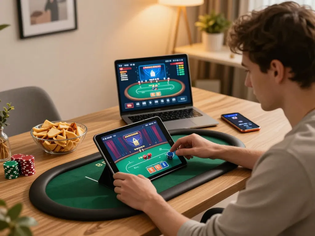Player engaged in a focused online poker game at NK88, showcasing strategic gameplay in a cozy home setting