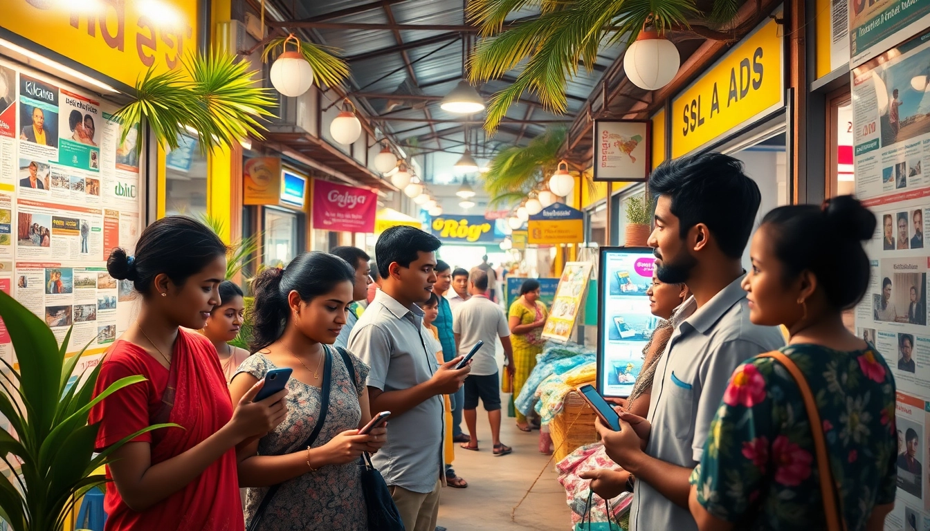 Dynamic marketplace scene depicting SL Ads in Sri Lanka, showcasing vibrant interactions and community.
