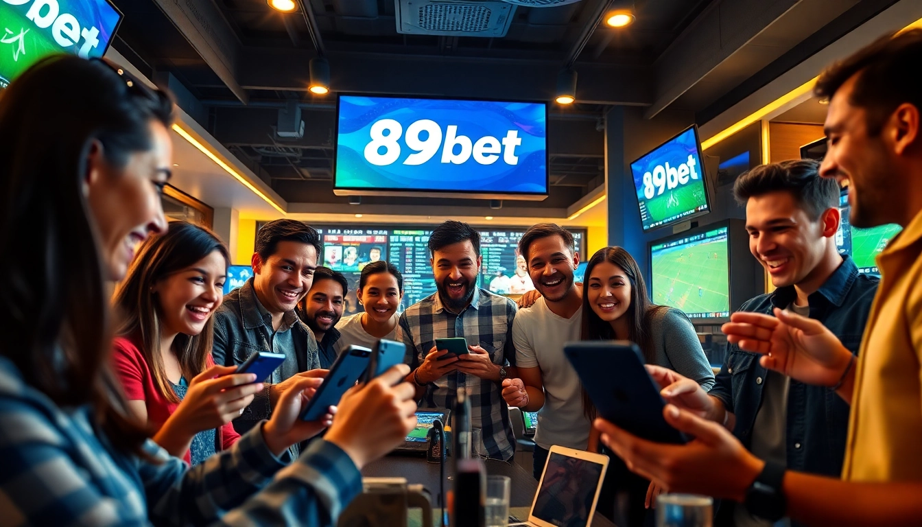 Interactive betting scene featuring 89bet logo and diverse players enjoying online gaming