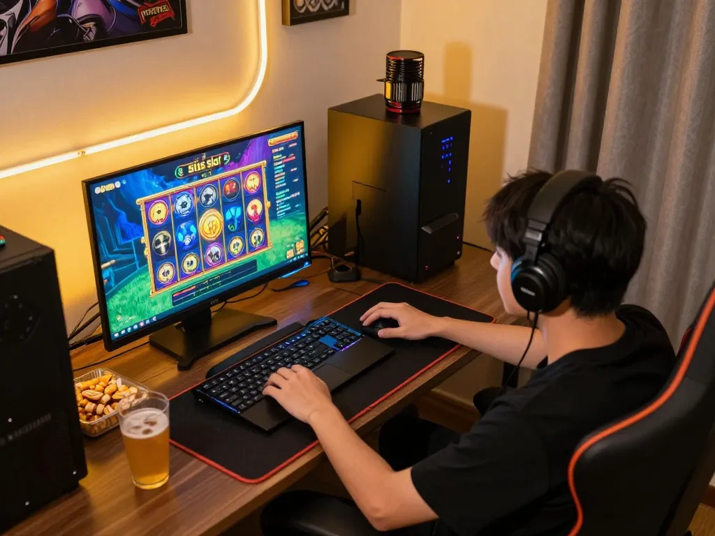 Player focused on situs slot game during online session in cozy gaming setup