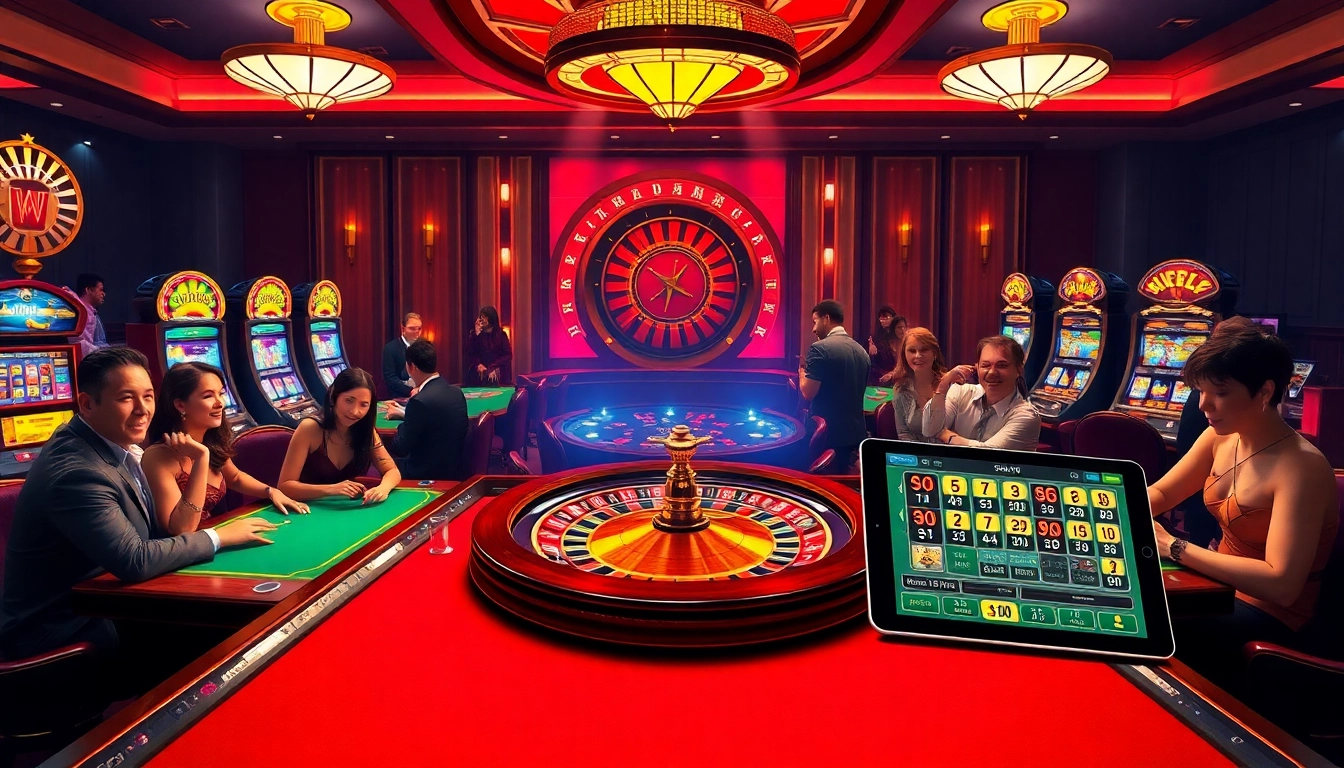 Excited players enjoy blackjack and poker at https://bem88.com in a glamorous casino setting.