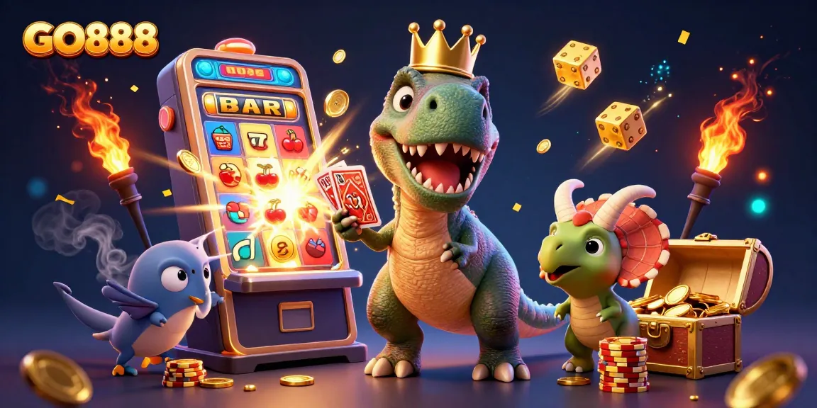 Win big at GO888 with a vibrant 3D casino scene featuring friendly dinosaur characters