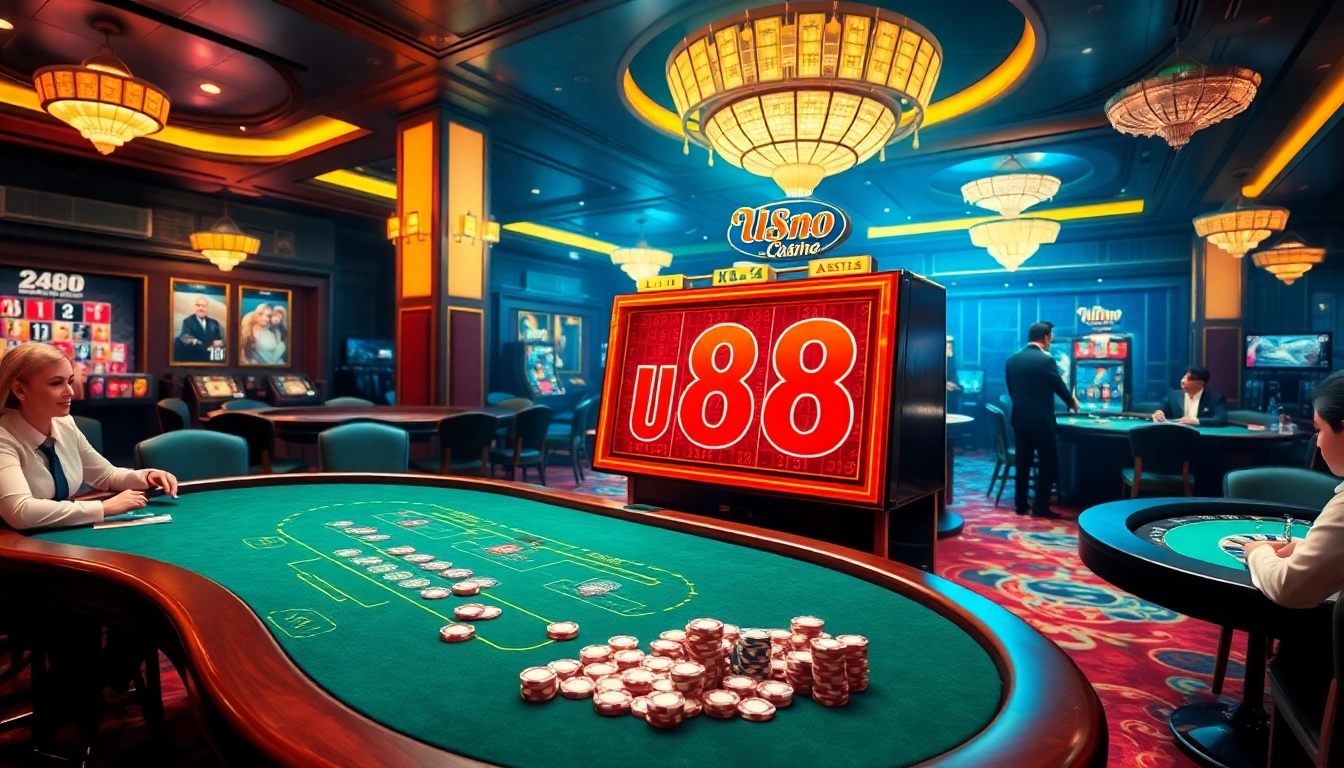 Players enjoying the U88-themed slot machine in a vibrant casino atmosphere filled with excitement.