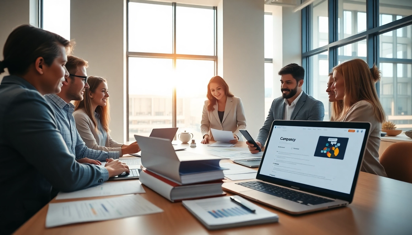 Company formation in the US with professionals collaborating in a modern office setting, reviewing documents.
