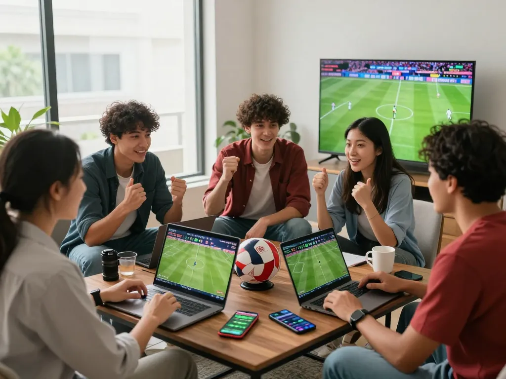 Group of friends discussing kèo nhà cái during a football match for an engaging sports betting atmosphere.
