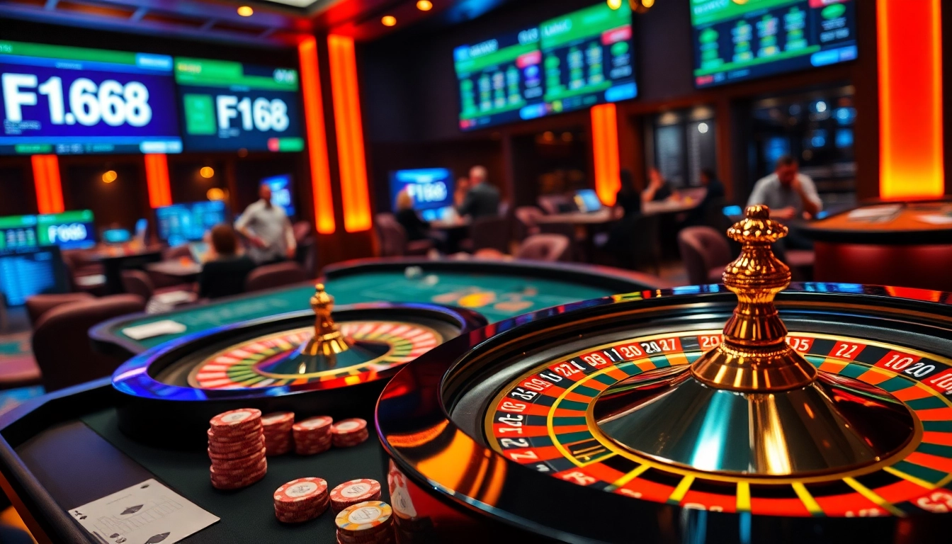 Players enjoying F168 casino with vibrant roulette and poker elements, reflecting excitement.