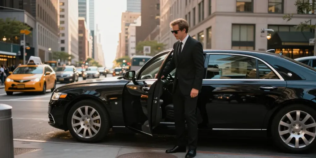 Black car service NYC with chauffeur assisting passengers in a luxury sedan