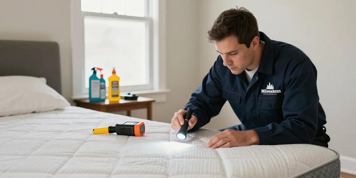 Bed bug exterminator inspecting a mattress in Milwaukee for effective pest control solutions.