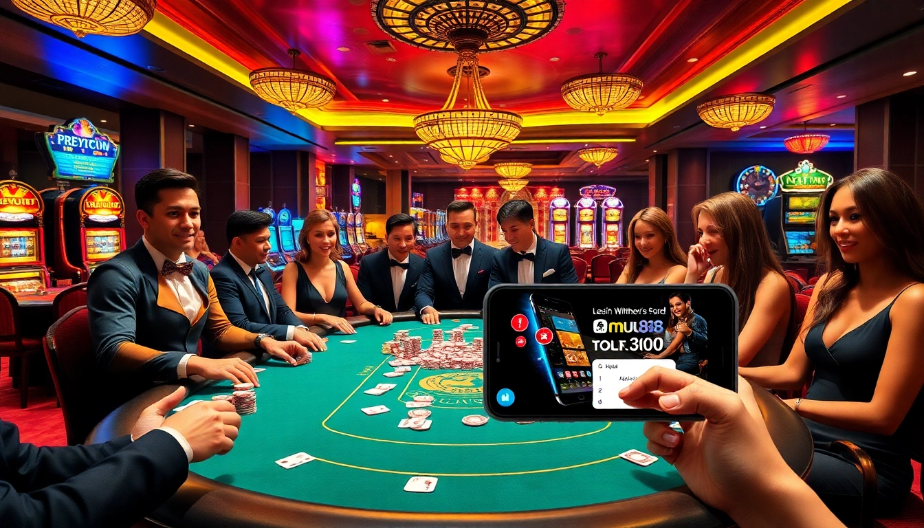 Engaged players at a high-stakes poker table on mu88, showcasing excitement and vibrant casino elements.