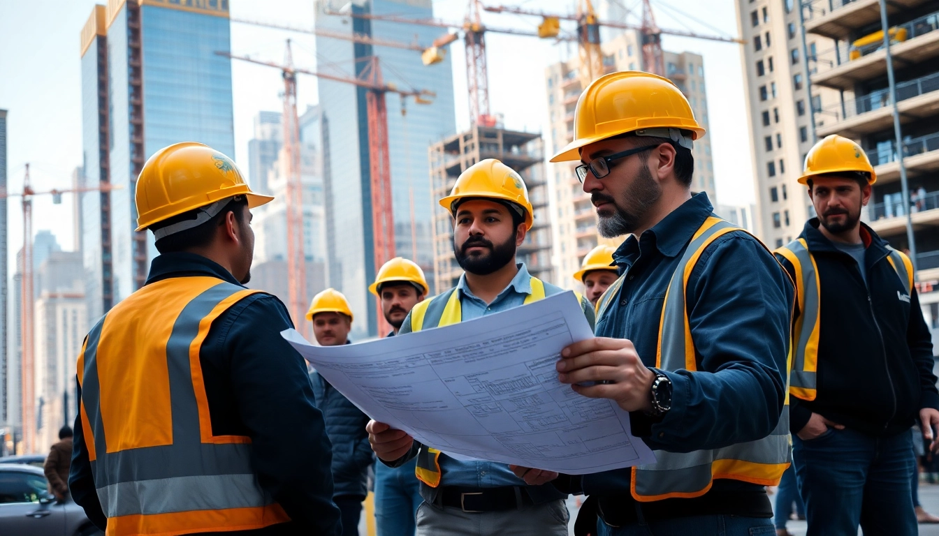New York City General Contractor collaborating on blueprints at a busy construction site.