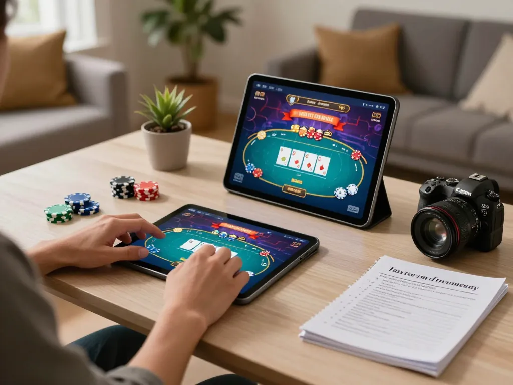 Engaging gameplay at Sonclub with a player enjoying poker on tablet, cozy atmosphere and vibrant screen