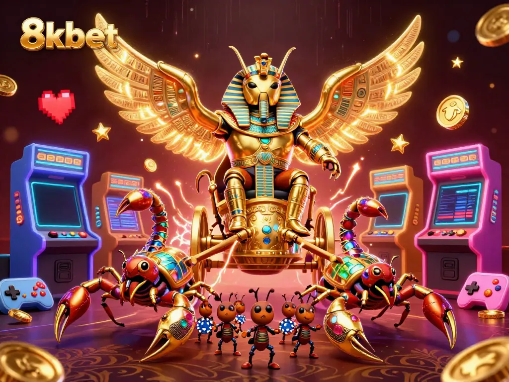 Engage with 8xbet’s vibrant 3D casino world featuring a majestic golden beetle chariot scene.