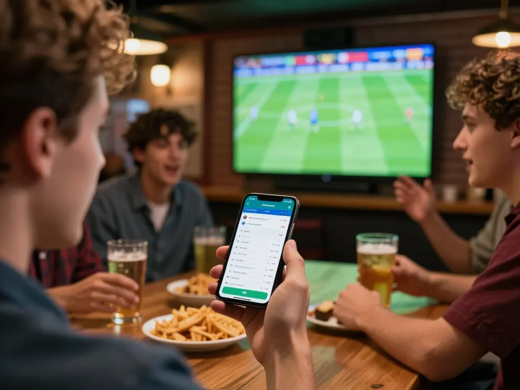 Betting on tỷ lệ bóng đá hôm nay via smartphone in a vibrant sports bar setting.