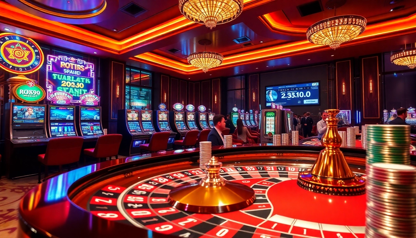 Experience the thrill of gambling at rr99 with a vibrant casino scene showcasing roulette and slot machines.