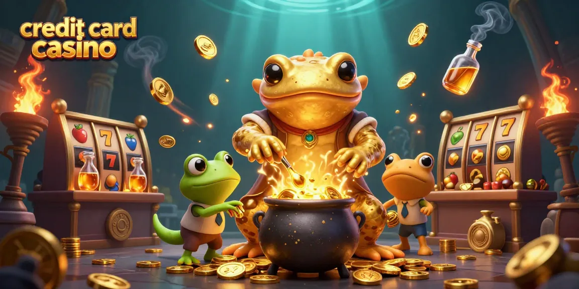Engaging scene of a credit card casino with an alchemist and assistants surrounded by slots and gold.