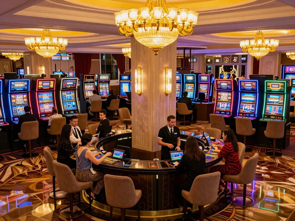 Experience the vibrancy of SHBET casino lobby with guests enjoying their gaming adventures.