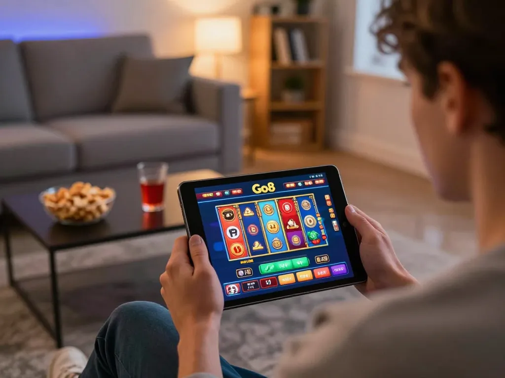 Engaging in exciting online gambling at Go8 while using a tablet for immersive gaming.