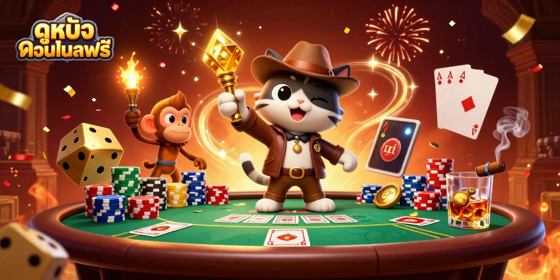 Experience ดูหนังออนไลน์ฟรี with an exciting 3D illustration of gambling adventures in a golden casino setting.