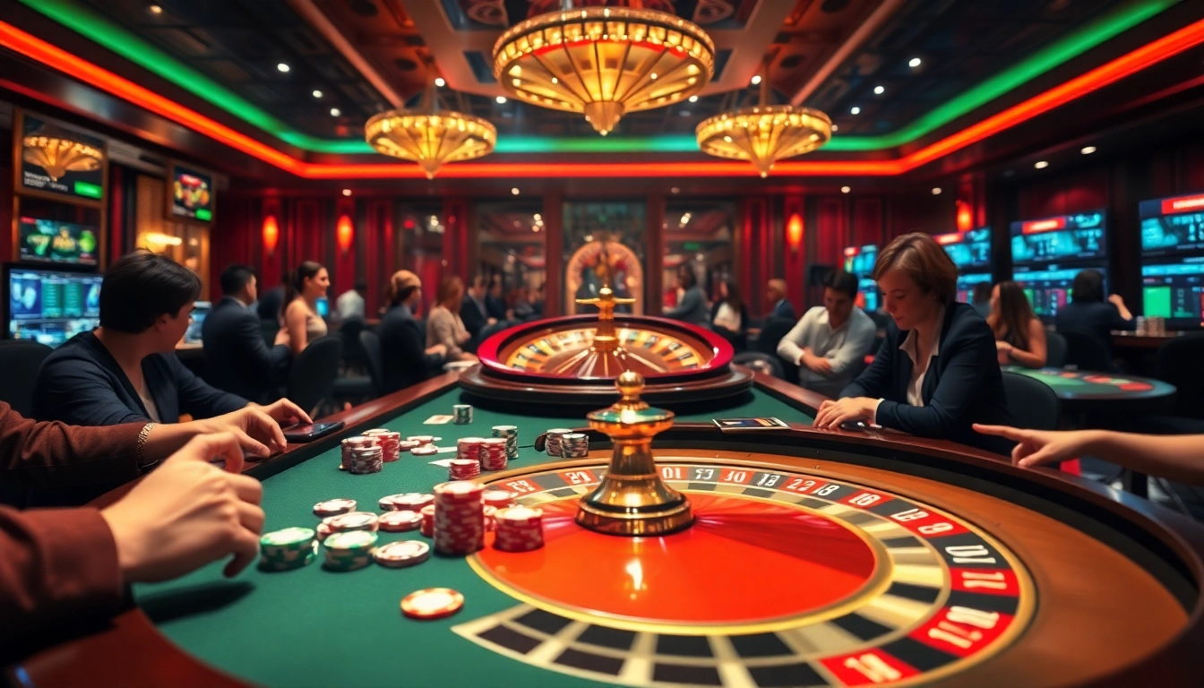 Players enjoying a thrilling casino experience at https://nhacaiuytin.news/ with vibrant poker chips and engaging games.