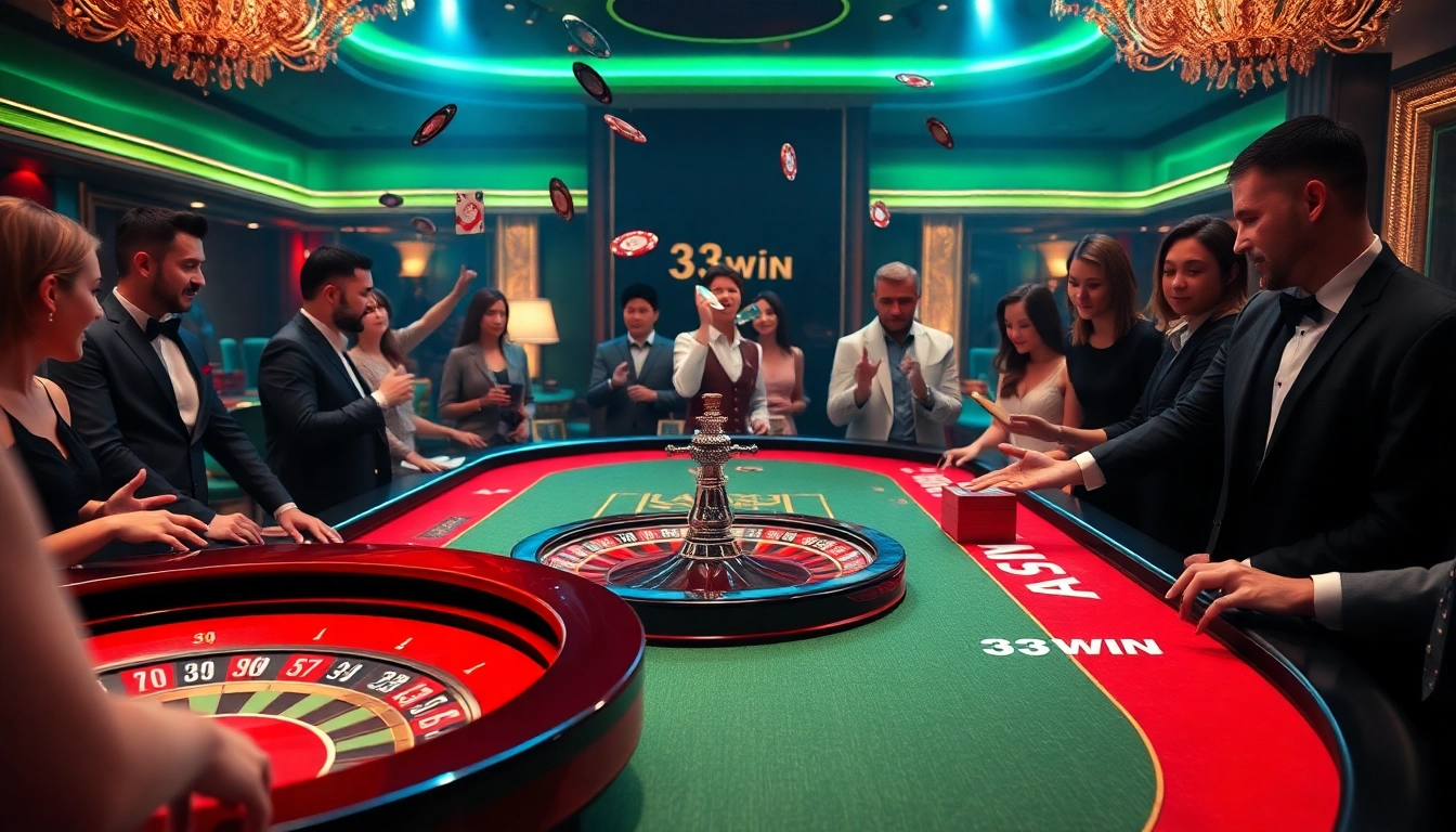 Exciting casino scene featuring 33WIN branding with players engaging in roulette and poker.