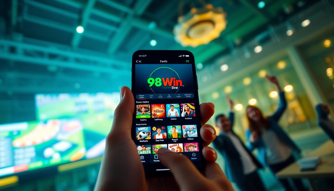Experience the thrill of online gaming at 98winwin.live with vibrant visuals of sports betting and casino games.