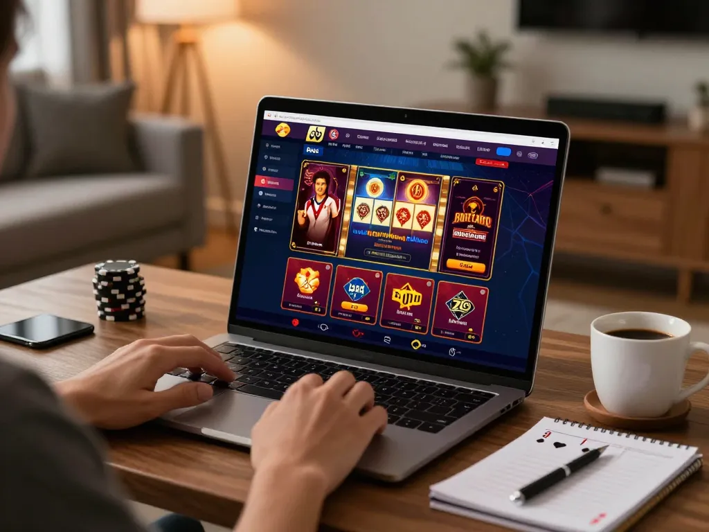 Engaged player exploring sc88 nhà cái options on a stylish laptop amid home comforts.