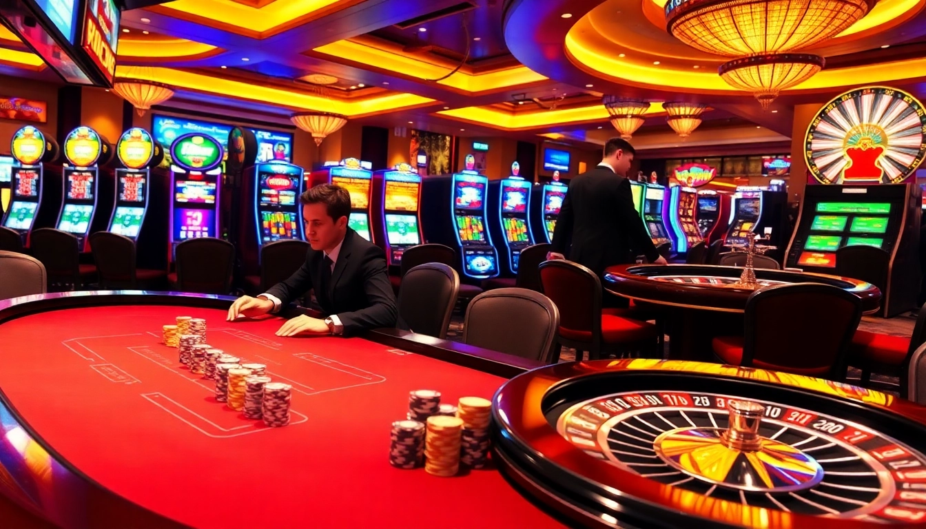 Engaging game play at NK88 casino featuring poker chips and vibrant slot machines.