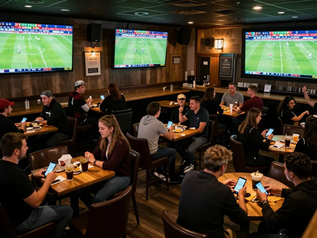 Vuasanco users engaging with live football betting in a vibrant sports bar atmosphere