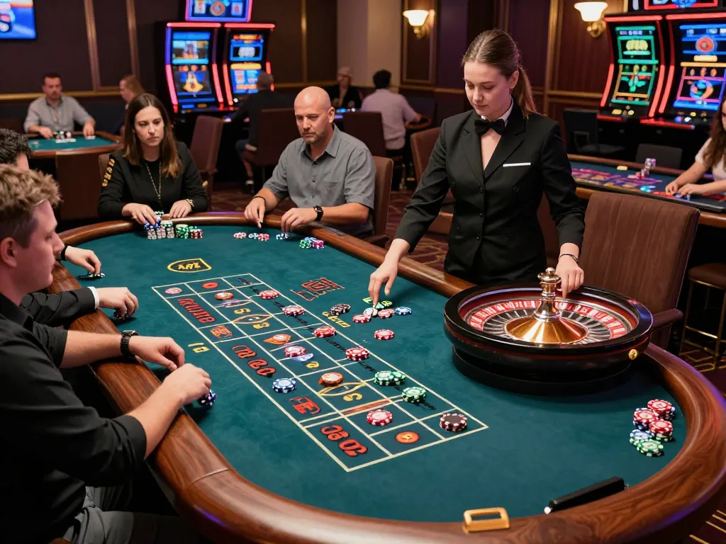 Players enjoying a live dealer game of roulette at 32win, surrounded by vibrant casino energy.